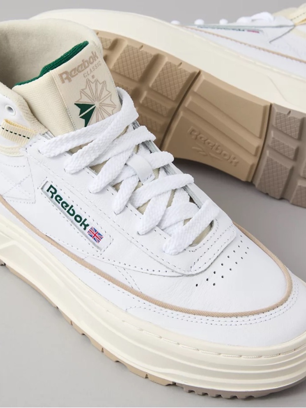 Reebok White Leather Sneakers with Green Logo and Cream Accents